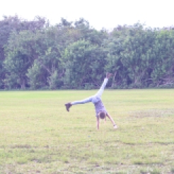 Girl does cartwheel in a field. Photo by VSD Photography